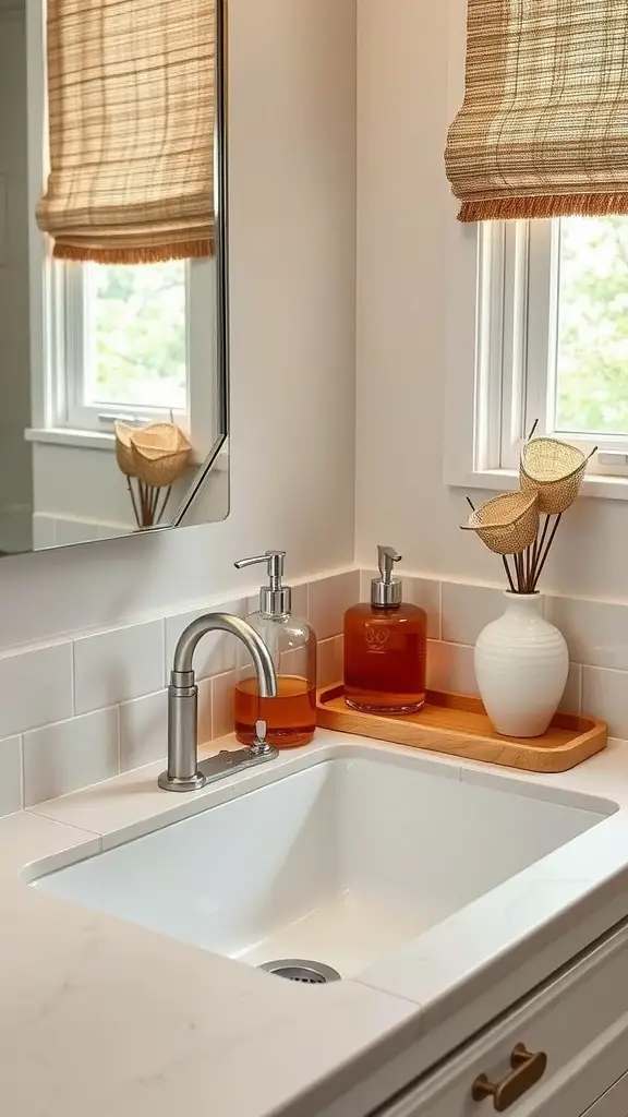 A bathroom sink area featuring warm-colored decorative accessories.