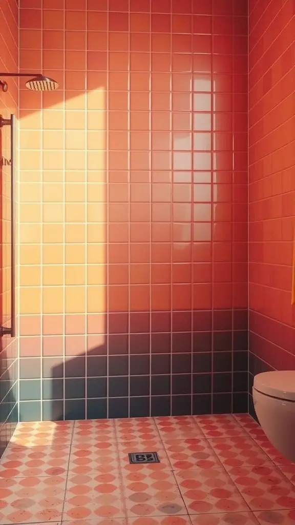 A bathroom with sunset gradient tiles in shades of peach and coral, featuring patterned floor tiles and warm natural light.