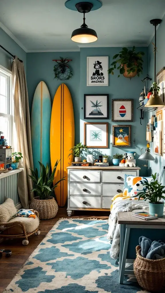 A stylish teenage boy's room featuring surf and skate culture decor, a workspace, and cozy furnishings.