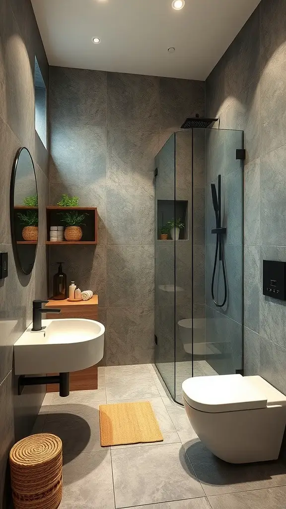 A modern Jack and Jill bathroom with a white bathtub, wooden accents, and plants, showcasing eco-friendly design.