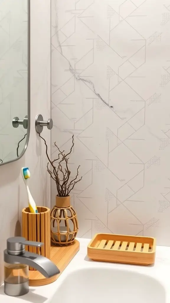 Bamboo accessories in a bathroom setting, including a toothbrush holder, vase, and soap dish.