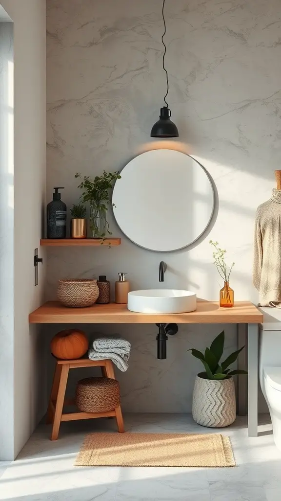 A serene Japandi bathroom design featuring a wooden vanity, plants, and natural light.