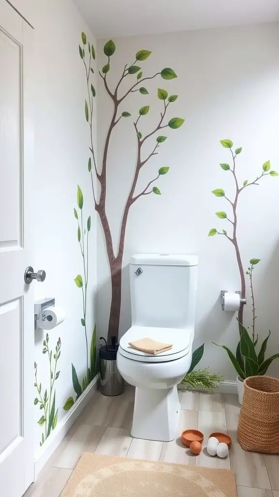 A sustainable half bathroom featuring a white toilet, leafy wall art, and natural accessories.