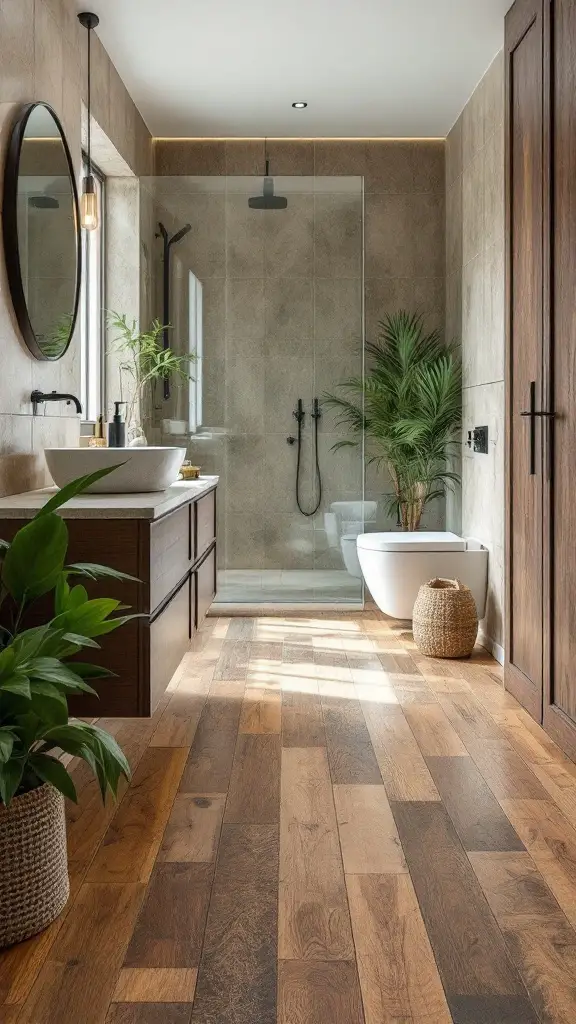 A modern bathroom featuring wood flooring, grey walls, and natural light.