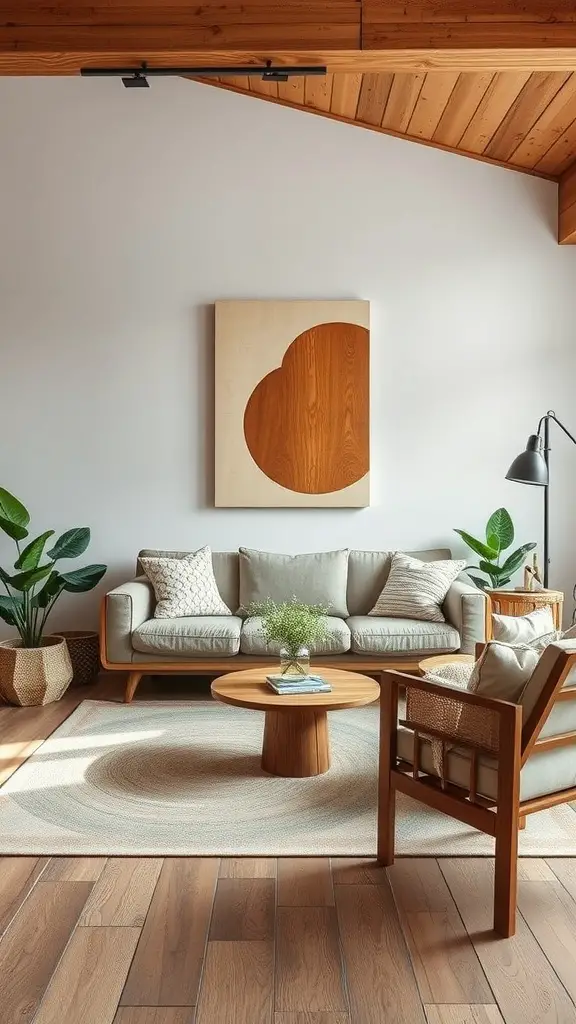 A cozy living room with natural wood furniture, plants, and a warm color palette.