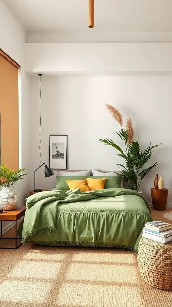An eco-friendly bedroom featuring green bedding, natural materials, and plants.