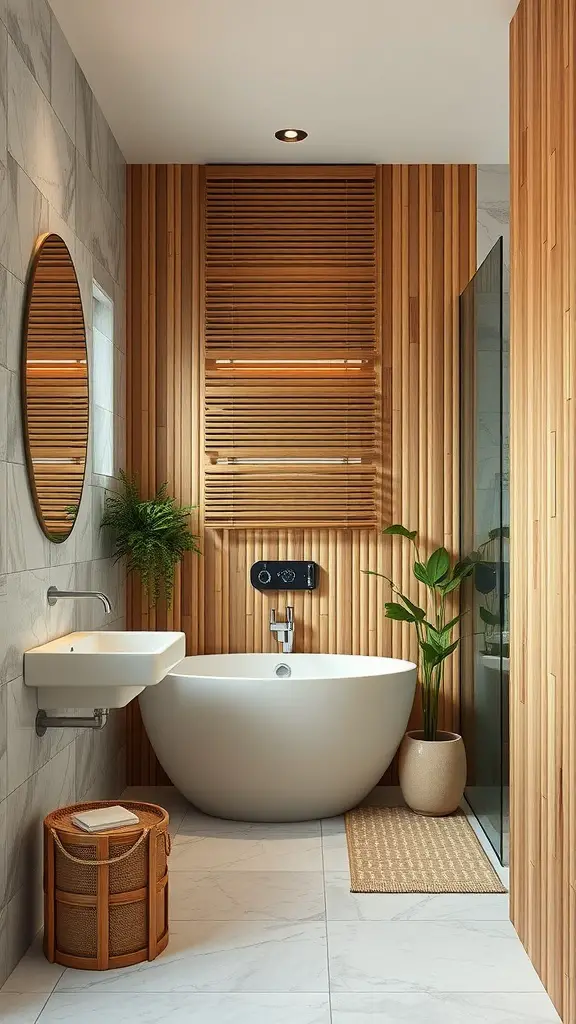 A modern bathroom featuring natural wood elements, a round white bathtub, and greenery.
