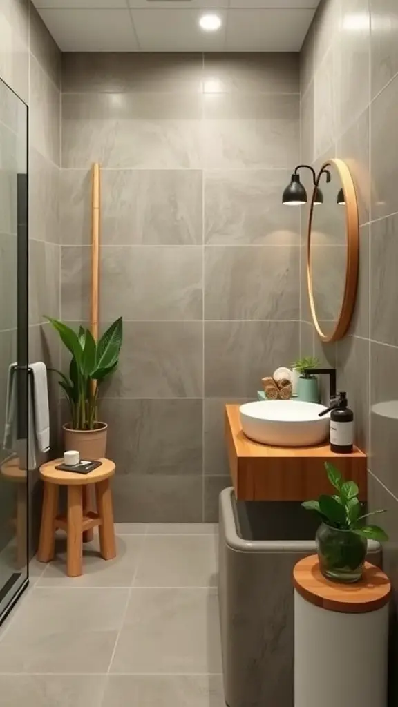 A modern bathroom featuring wooden elements, plants, and sustainable materials.
