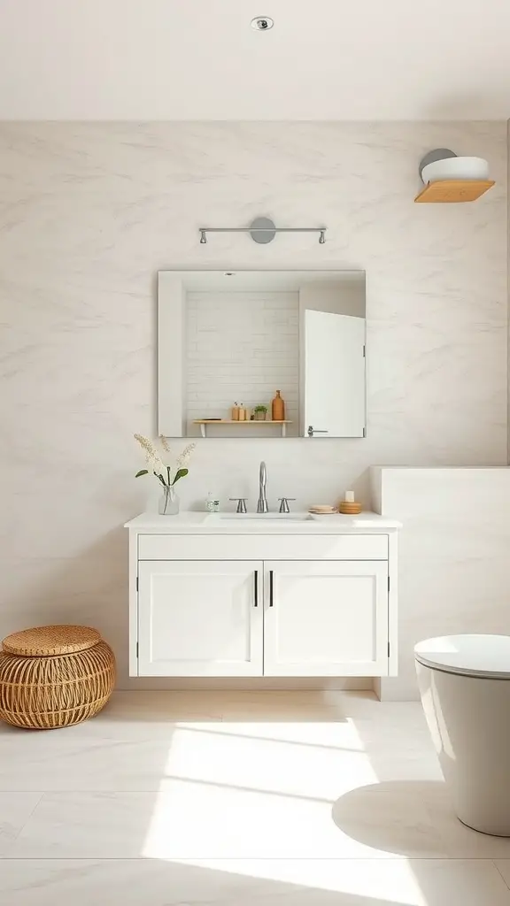 Earthy bathroom with white vanity and sustainable materials