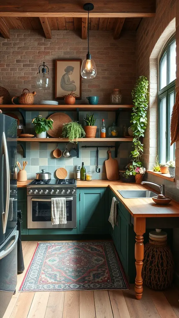 An earthy kitchen with wooden elements, terracotta pots, and sustainable materials.