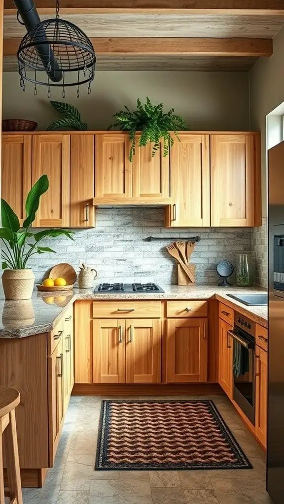A cozy kitchen featuring wooden cabinets, sustainable materials, plants, and a warm atmosphere.