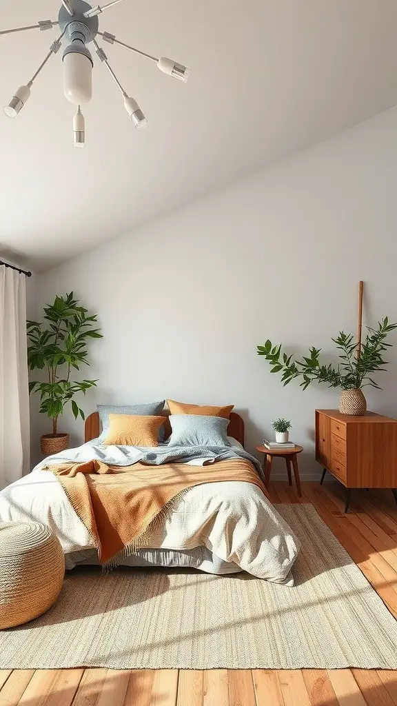 A serene master bedroom featuring wooden flooring, sustainable furniture, and indoor plants.