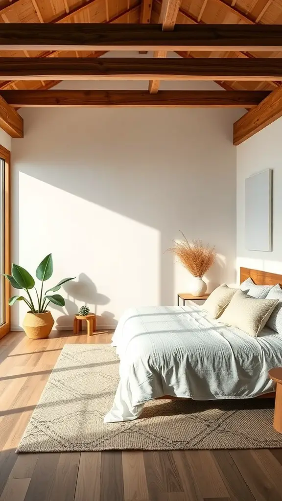 A cozy and serene bedroom with wooden beams, natural light, and plants, emphasizing sustainable materials.