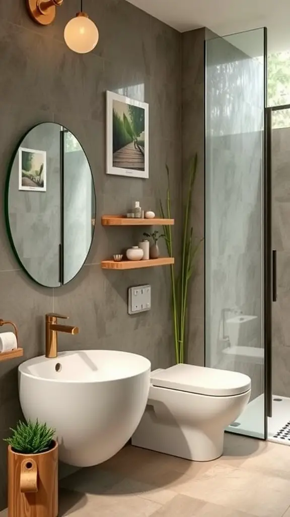 A modern bathroom with wooden fixtures and plants, emphasizing sustainable materials