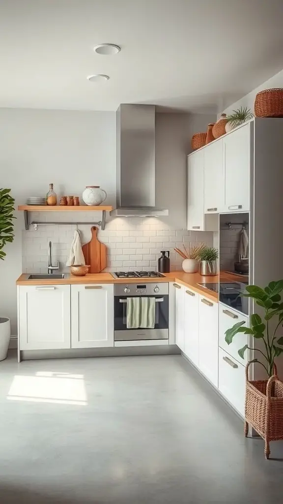 A bright kitchen featuring white cabinets, wooden countertops, and plants, showcasing sustainable design.