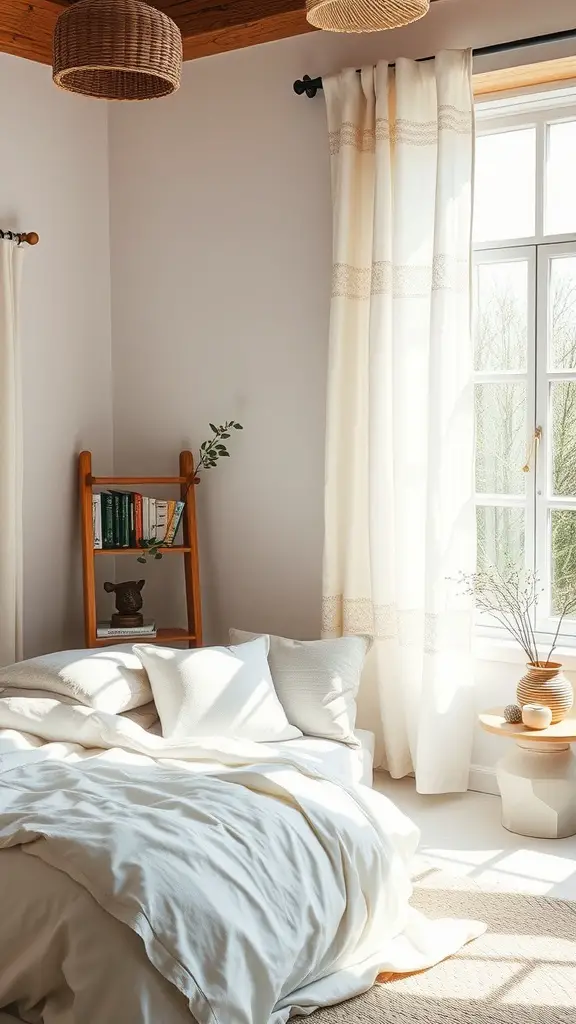A cozy bedroom featuring natural textiles, including light curtains and a soft bedding arrangement.