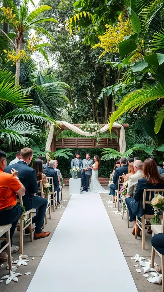 Outdoor wedding ceremony surrounded by greenery with a couple and their guests.