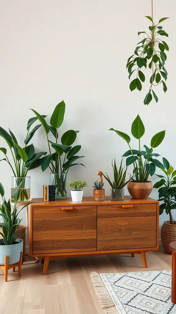 A cozy living space featuring a sustainable wood sideboard surrounded by indoor plants.