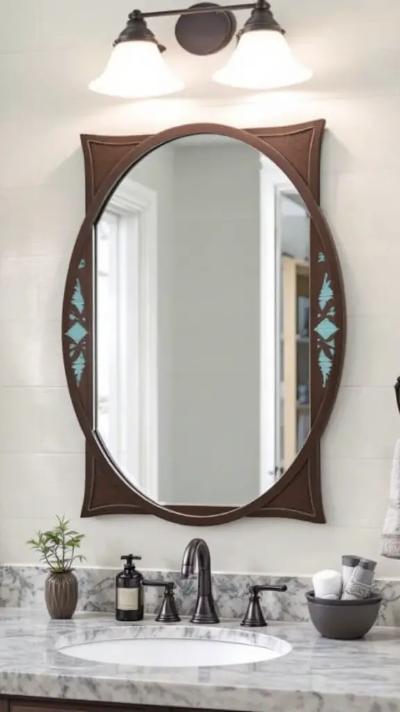Chocolate framed mirror with teal accents above a sink in a bathroom setting