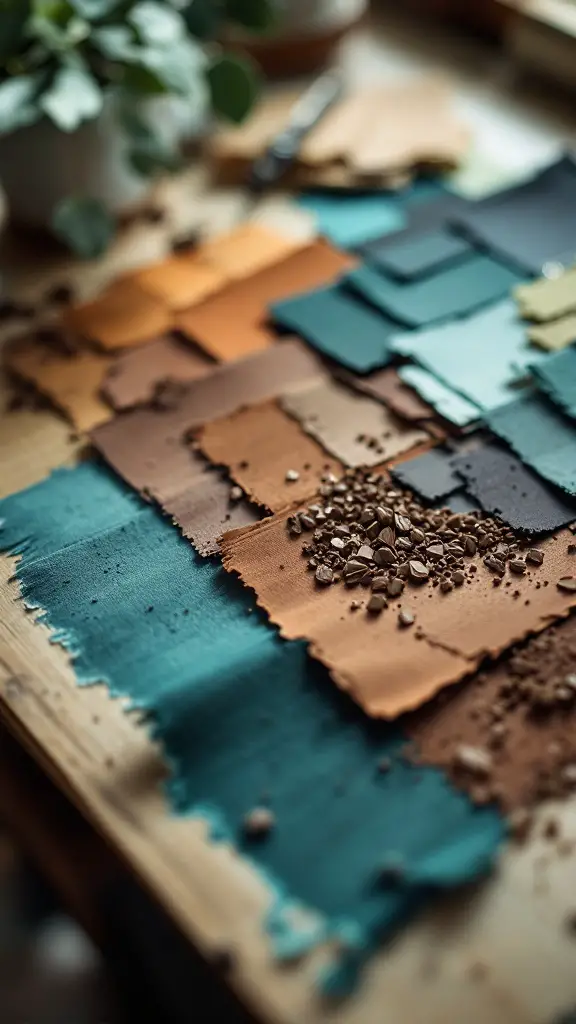 A selection of teal and chocolate color swatches with a pen and dried flowers.