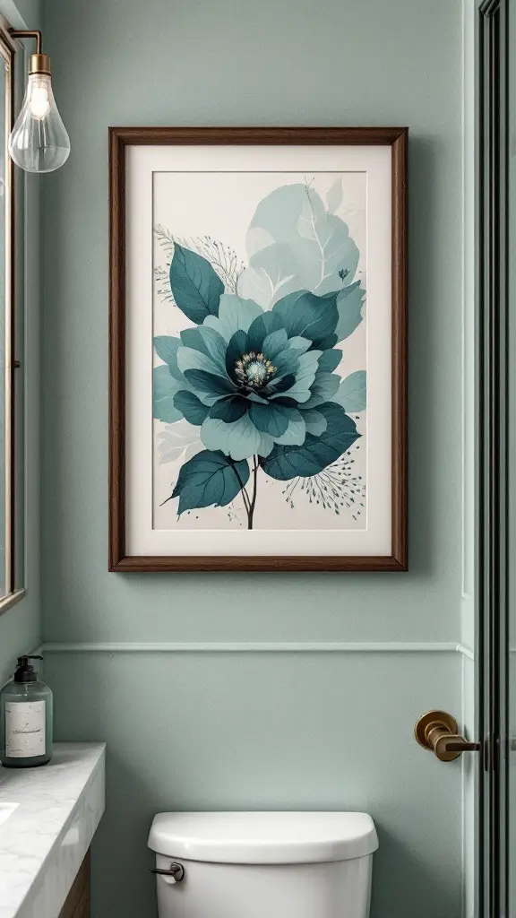 Teal artwork with chocolate frame above a white sink in a bathroom