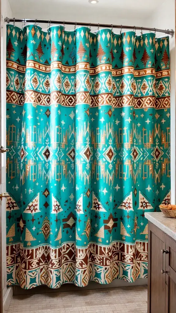 Teal shower curtain with chocolate patterns in a bathroom setting