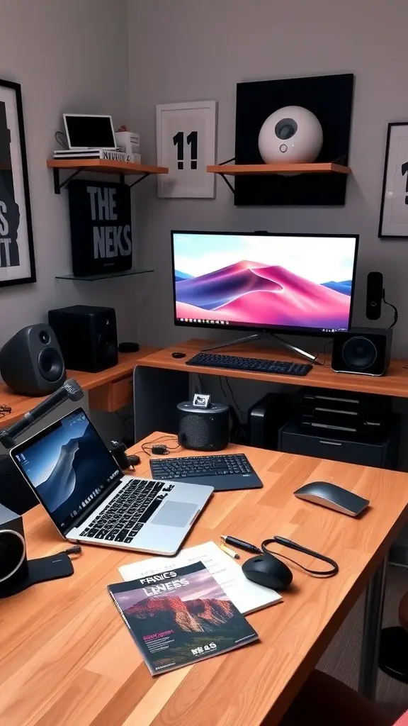 A minimalistic tech-friendly workspace featuring a laptop, lamp, camera, and organized shelf.