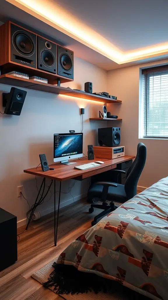 A modern tech workspace featuring a computer setup, speakers, and cozy decor, perfect for a teenage room.