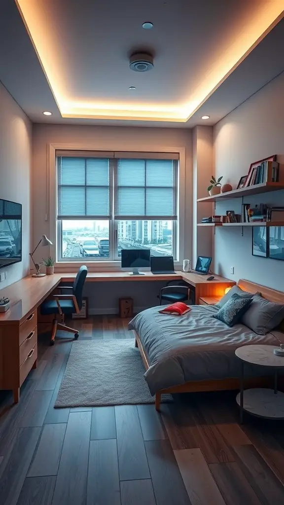 A modern teenage boy's room featuring smart technology, a cozy bed, workspace with dual monitors, and warm lighting.
