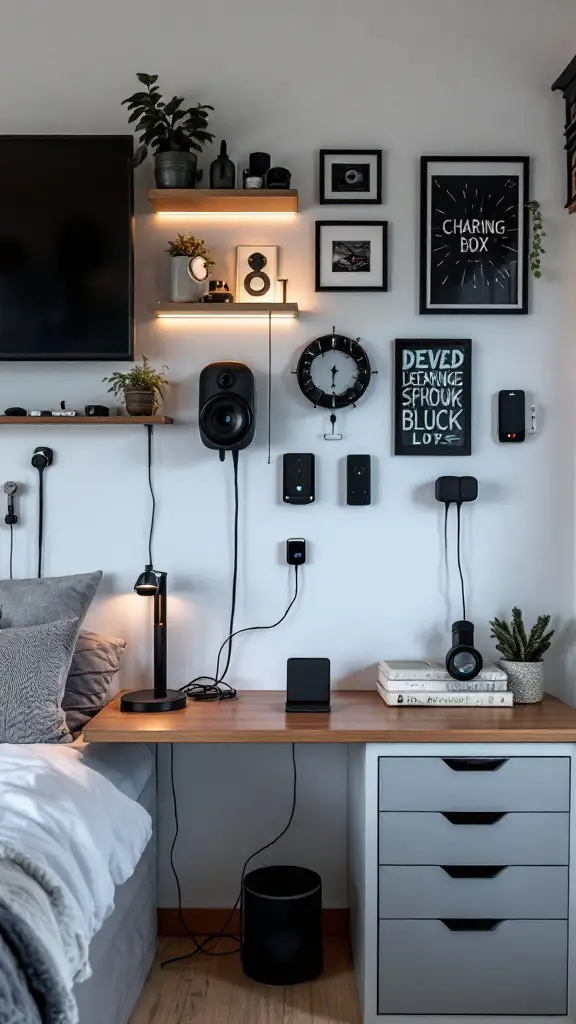 A tech-savvy boy's room featuring smart gadgets, a computer, and cozy lighting
