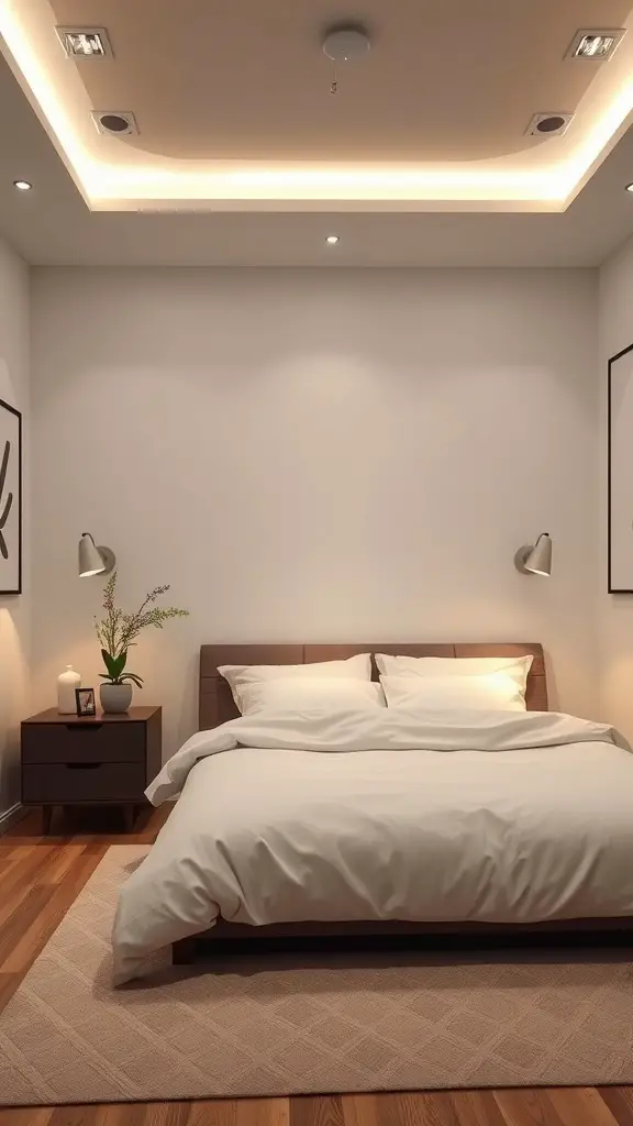 A modern bedroom featuring smart lighting with warm recessed lights and wall sconces