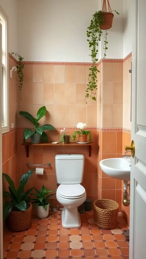 A bathroom featuring terracotta tiles and cream accents, with plants and a round mirror.