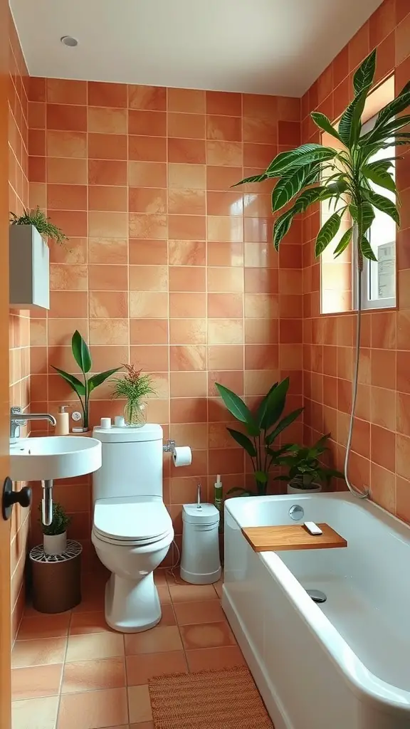 A stylish bathroom featuring terracotta tiles on walls and floor, modern sink and shower fixtures, and green plants for a natural look.