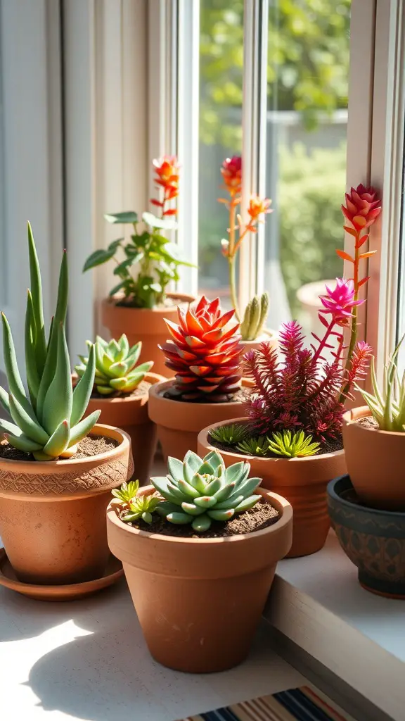 Terracotta planters filled with various succulents on a windowsill