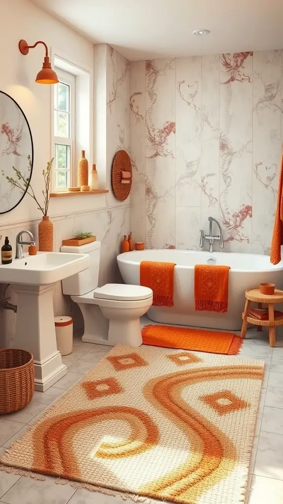 A modern bathroom featuring terracotta tiles, a freestanding tub, and plants.