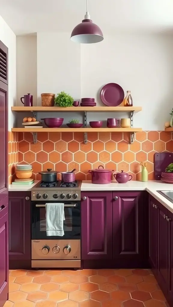 A cozy kitchen with terracotta tiles and plum accessories, featuring wooden shelves and a light countertop.