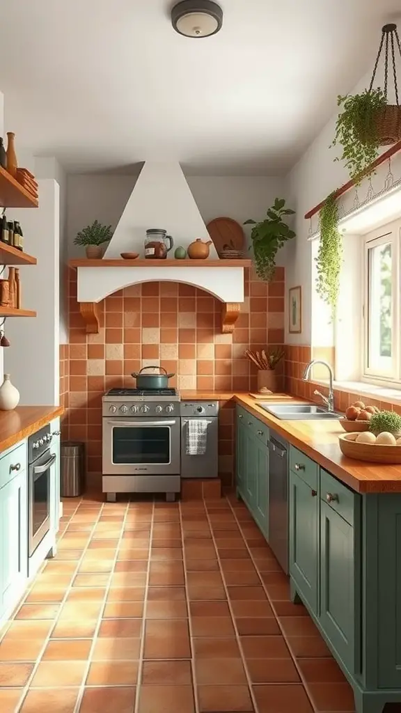 A cozy kitchen with terracotta tile flooring, wooden countertops, and green cabinetry, highlighting a Mediterranean design.