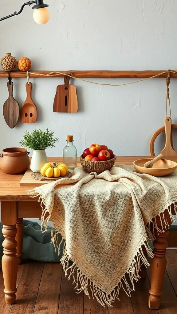 A rustic kitchen table adorned with a natural fiber cloth, fruits, wooden utensils, and a warm atmosphere.