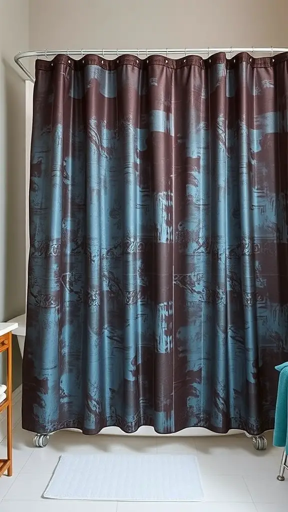 Textured blue and brown shower curtain in a bathroom setting