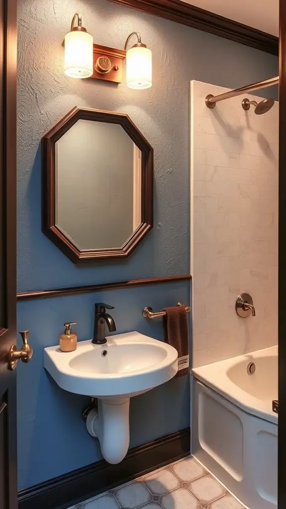 A bathroom featuring textured blue walls with chocolate accents, white tiles, and modern fixtures.