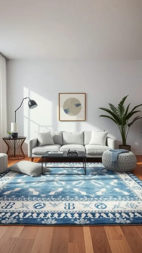 A living room featuring a textured blue and white rug, white sofa, and modern decor.