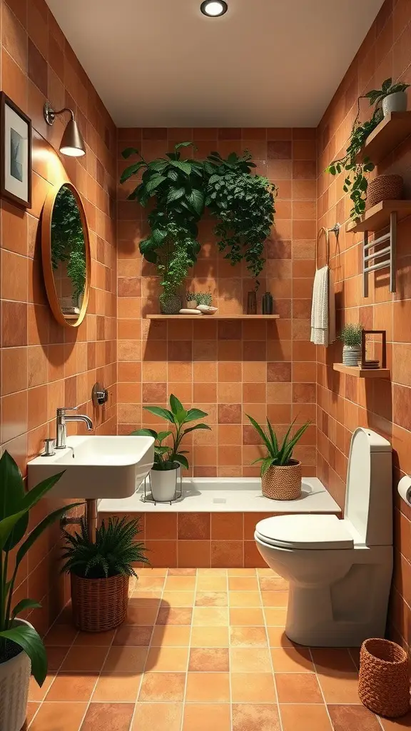A cozy bathroom with textured clay tiles, wooden vanity, round mirror, and hanging plants.