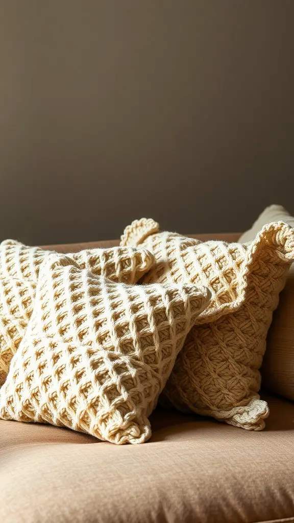 Textured crochet throw pillows in soft natural tones arranged on a couch
