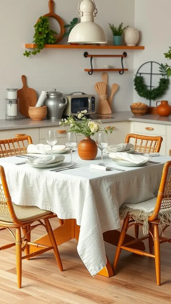 Cozy kitchen with a textured tablecloth on a wooden table, set with plates and a floral centerpiece.