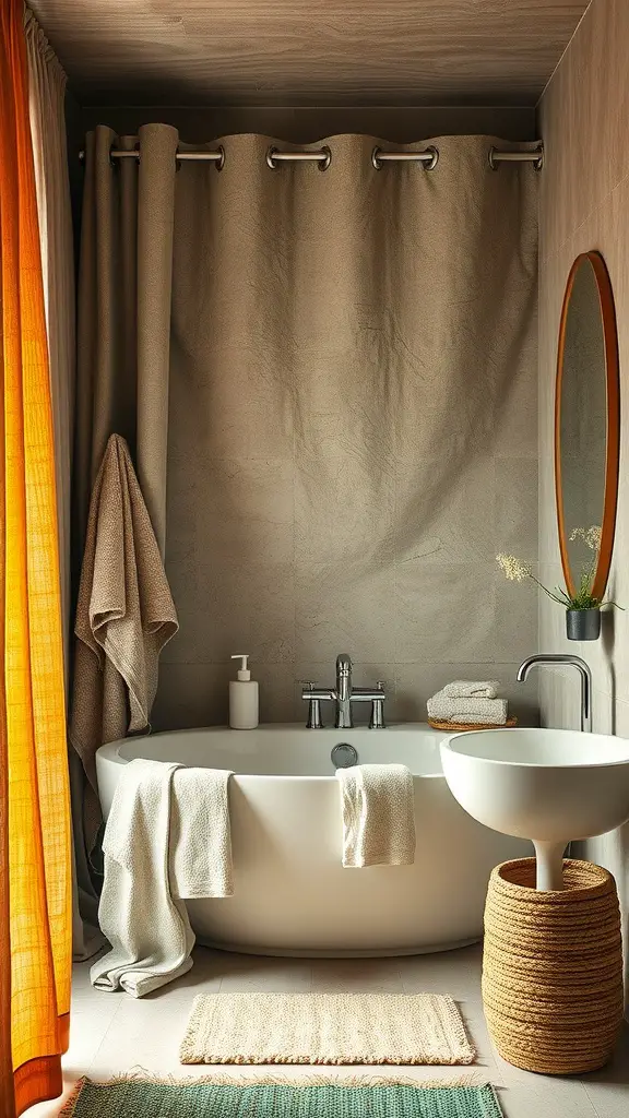 A cozy bathroom featuring a modern tub, soft towels, and natural materials.