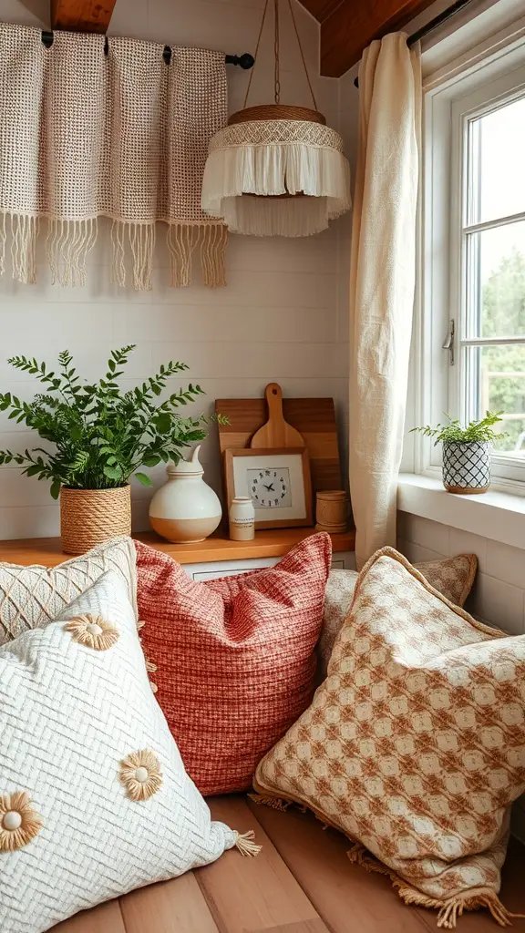 Cozy kitchen corner featuring textured pillows, woven curtains, and plants