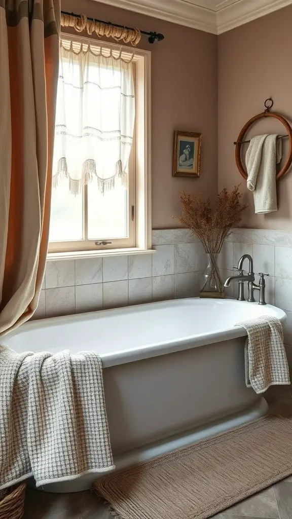 A calming bathroom featuring a white bathtub, textured fabrics, and warm earthy tones.