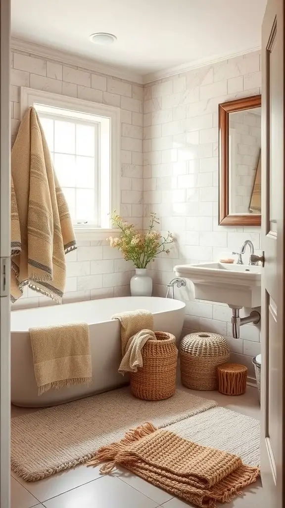 A cozy bathroom with textured fabrics, including towels and rugs, creating a warm atmosphere.