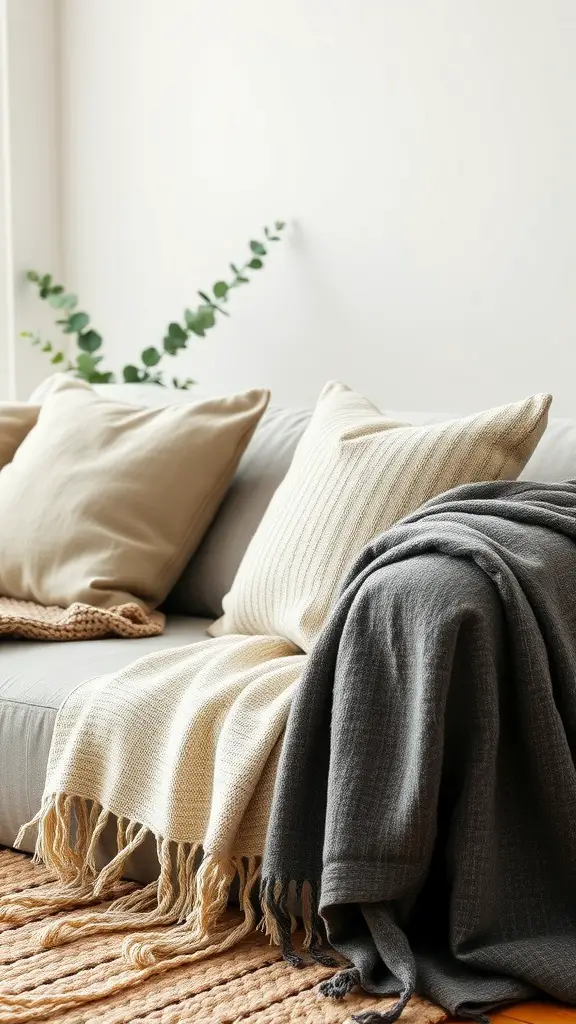 A cozy living room setup featuring a soft sofa with cream and gray textured blankets and cushions, enhancing the earthy aesthetic.
