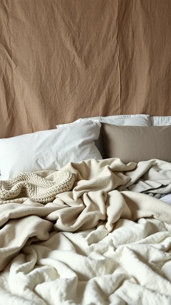 Cozy bed with textured fabrics, including a chunky knitted throw and soft pillows in muted tones.
